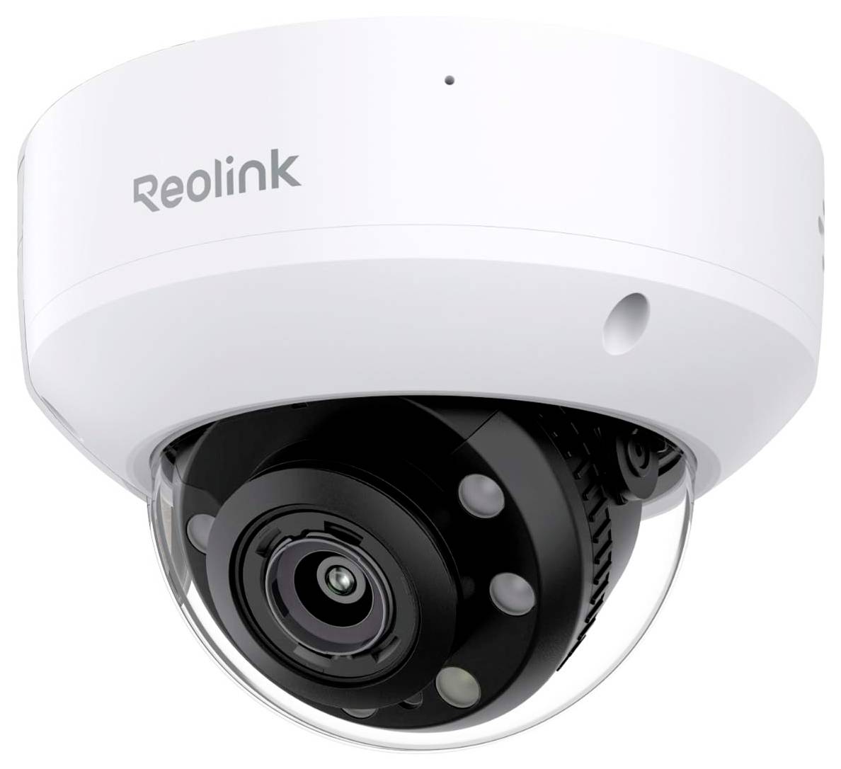 Bílá kopulovitá bezpečnostní kamera značky Reolink s černým objektivem a schopností nočního vidění, mírně sklopená dolů.