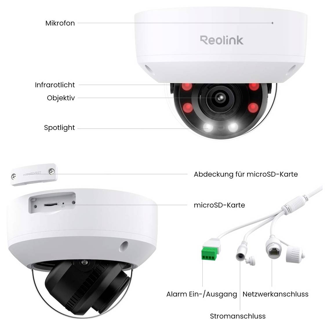 Bezpečnostní kamera s mikrofonem, objektivem, infračerveným světlem, reflektorem. Přípojky: alarm, síť, napájení. microSD karta s krytem.