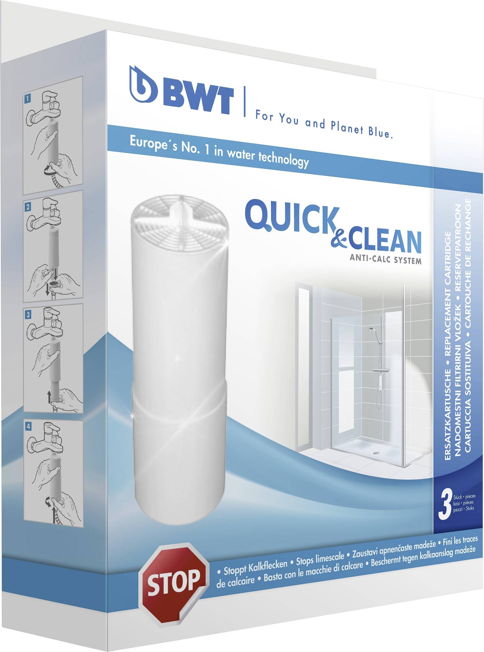 Obal systému BWT Quick & Clean anti-calc ukazuje filtrační patronu, zdůrazňuje prevenci vápenatých usazenin a poukazuje na použití ve sprše.