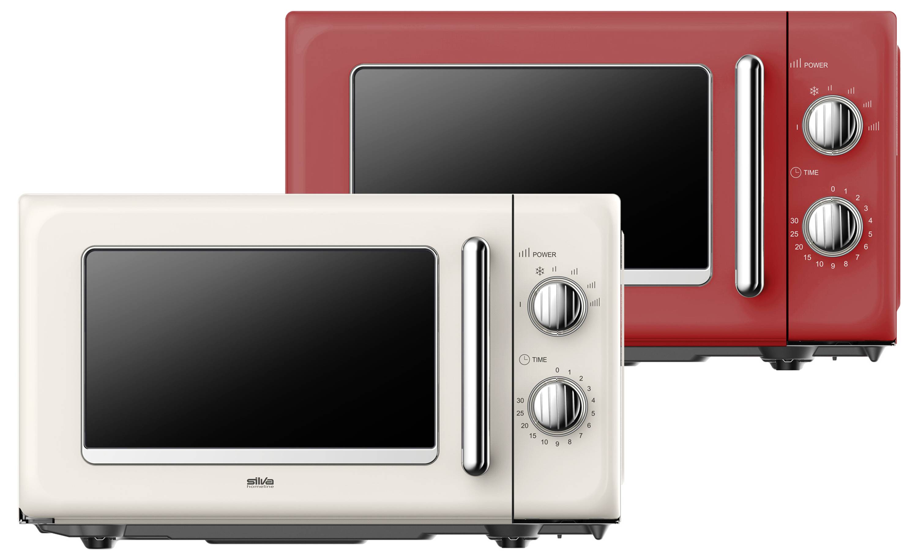 Dva retro mikrovlnné trouby ve stylu vintage, jeden v krémové barvě a druhý v červené, s chromovanými úchyty a ovládacími knoflíky, umístěné ve vzájemně posunutém uspořádání.