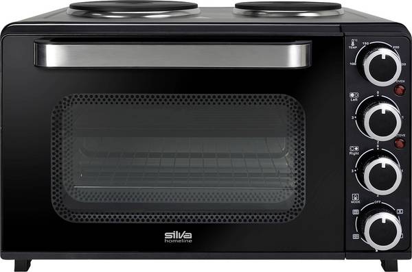 Silva KK 3200 mini trouba  2 samostatné regulátory teploty, nepřilnavý povlak, horkovzdušný, včetně varné desky, indikátor, s grilovací jehlou, s kamenem na pečení pizzy , plynulý regulátor teploty 30 l