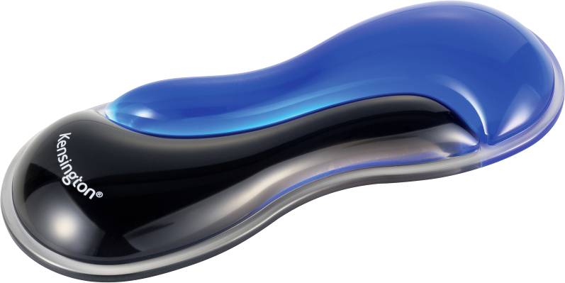 Ergonomická gelová opěrka zápěstí v modro-černém designu, tvarovaná pro zajištění pohodlí a podpory při používání počítačové myši.