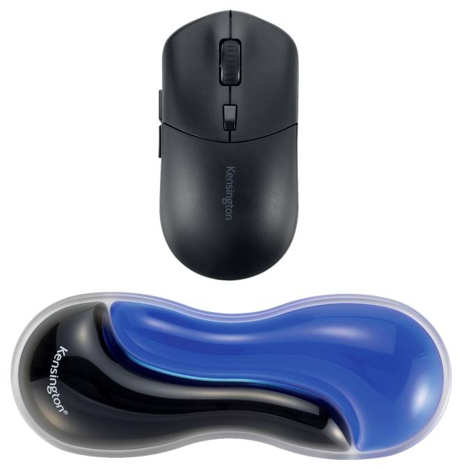 Černá bezdrátová počítačová myš a ergonomická modrá opěrka zápěstí s označením 'Kensington' jsou zobrazeny.