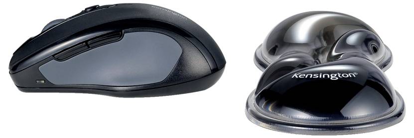 Bezdrátová počítačová myš a ergonomická podložka pod zápěstí vedle sebe, navržené pro pohodlné používání počítače.