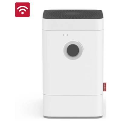 Bílý chytrý čistič vzduchu s jedním centrálním ovládacím knoflíkem a symbolem Wi-Fi znázorňujícím připojení.