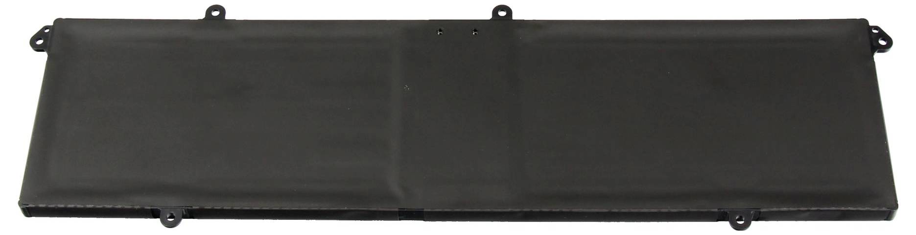 Obdélníková černá baterie pro notebook se čtyřmi montážními otvory a hladkým povrchem je zobrazena.