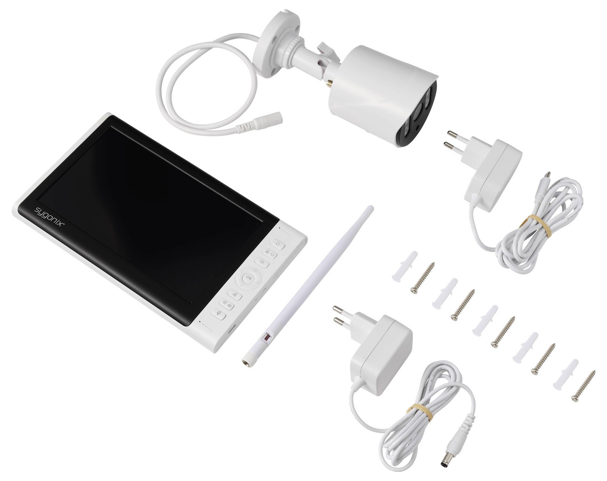 Bezdrátový videotelefonní kit do dveří s vnitřní jednotkou, kamerou, přenosným ovladačem ve tvaru pera, napájecími adaptéry, kabely a montážními šrouby.