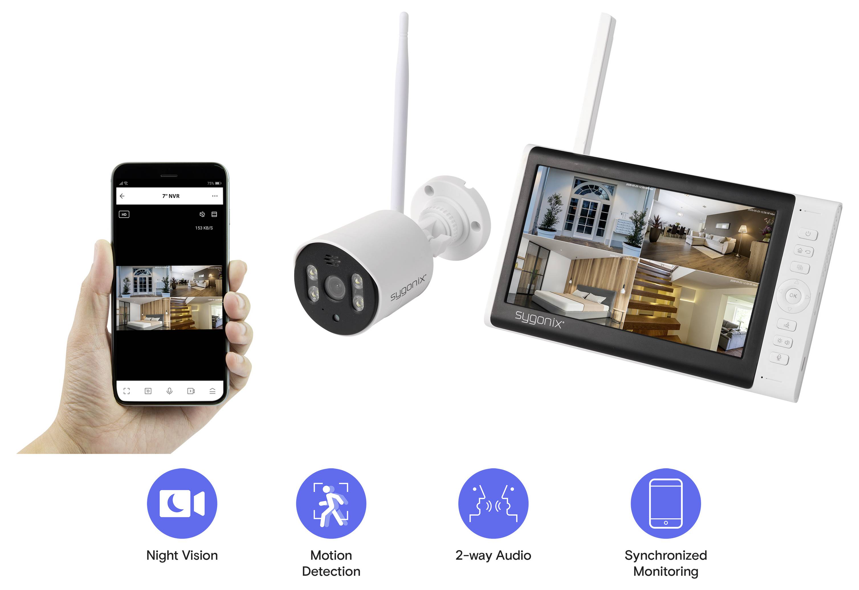 Bezdrátový systém bezpečnostních kamer s aplikací pro telefon a vnitřní monitor, s noční vidností, detekčí pohybu, obousměrným zvukem a synchronizovaným monitorováním.