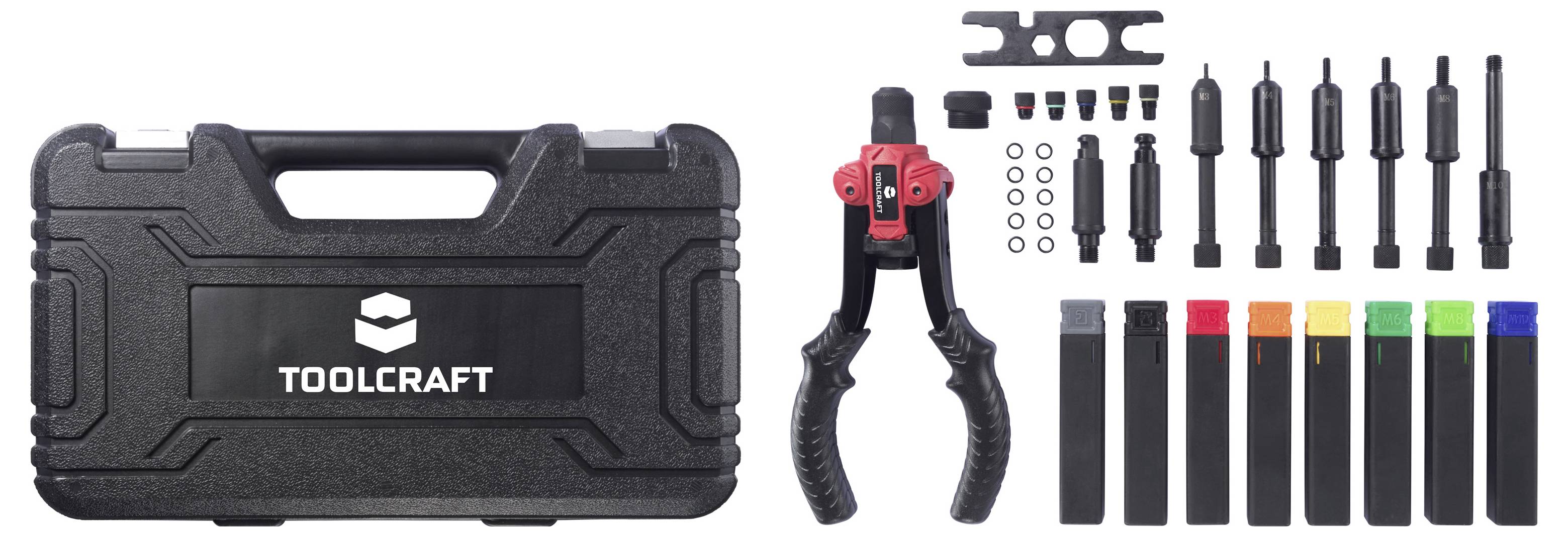Sada nástrojů značky 'TOOLCRAFT' obsahuje kufr, kleště, různé nástavce a barevné značkovače. Ideální pro automechanické nebo mechanické použití.