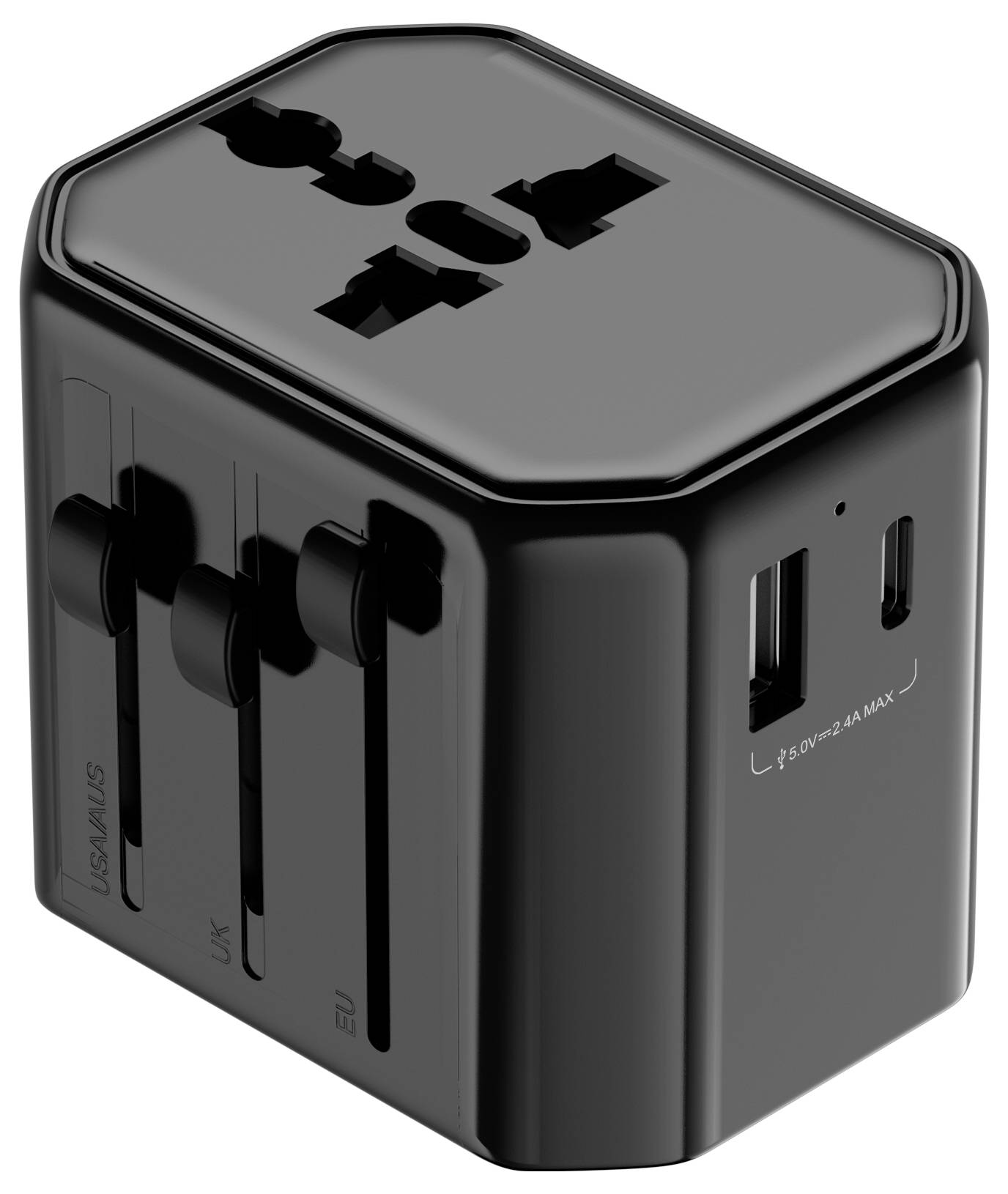 Černý univerzální cestovní adaptér s několika možnostmi zapojení pro různé regiony a dvěma USB porty po straně pro nabíjení zařízení.