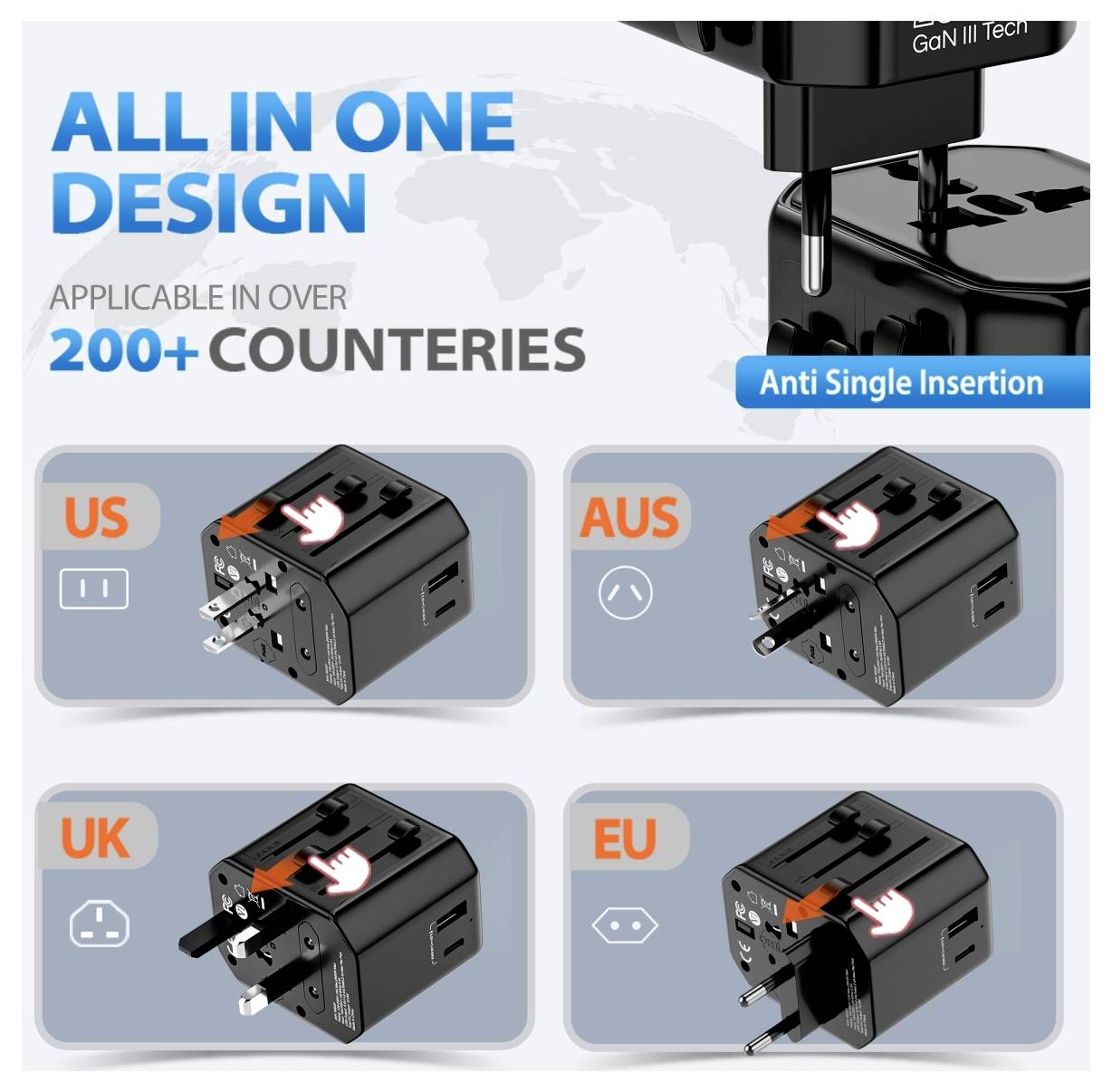 Víceúčelový cestovní adaptér 'All in one design' pro více než 200 zemí. Obsahuje vyměnitelné zástrčky pro zásuvky v USA, Austrálii, Velké Británii a Evropské unii.