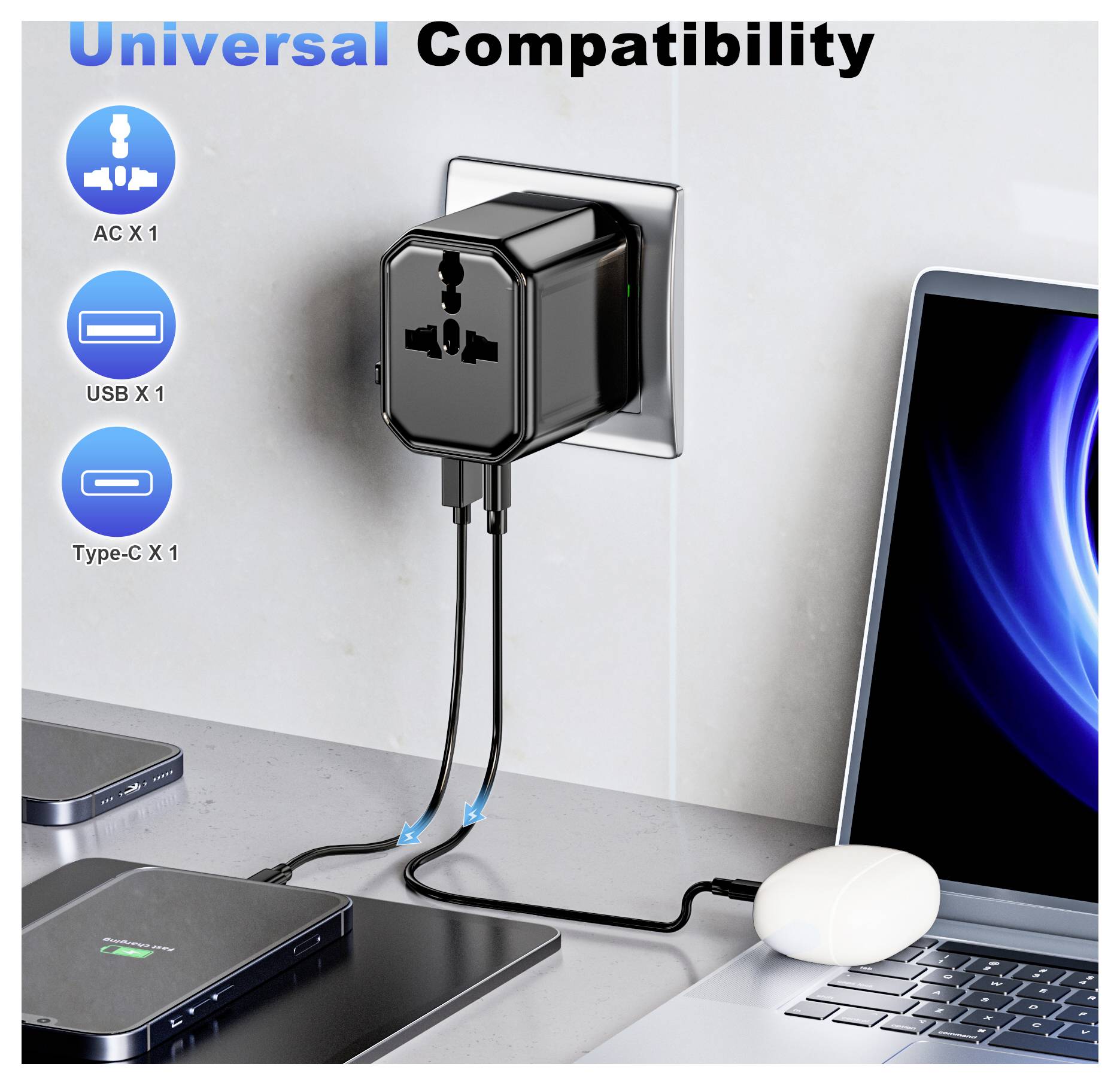 Napájecí adaptér s "Universální kompatibilitou" nabíjející několik zařízení; zahrnuje AC, USB a Type-C porty připojené k elektronickým zařízením na pracovním stole.