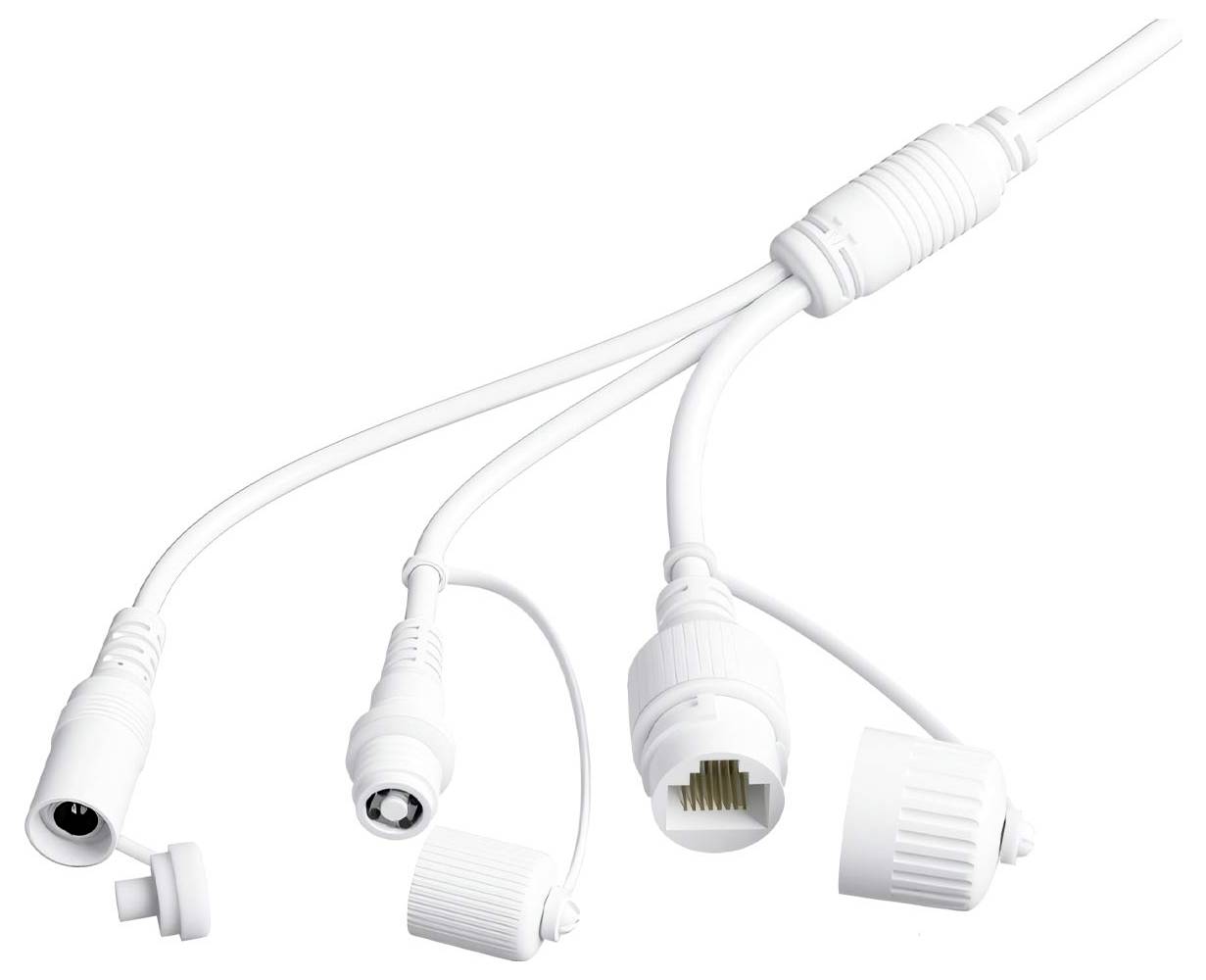 Bílý vodotěsný síťový rozbočovač s vícenásobnými konektory pro ethernet a napájecí zdroj, vhodný pro venkovní instalace.