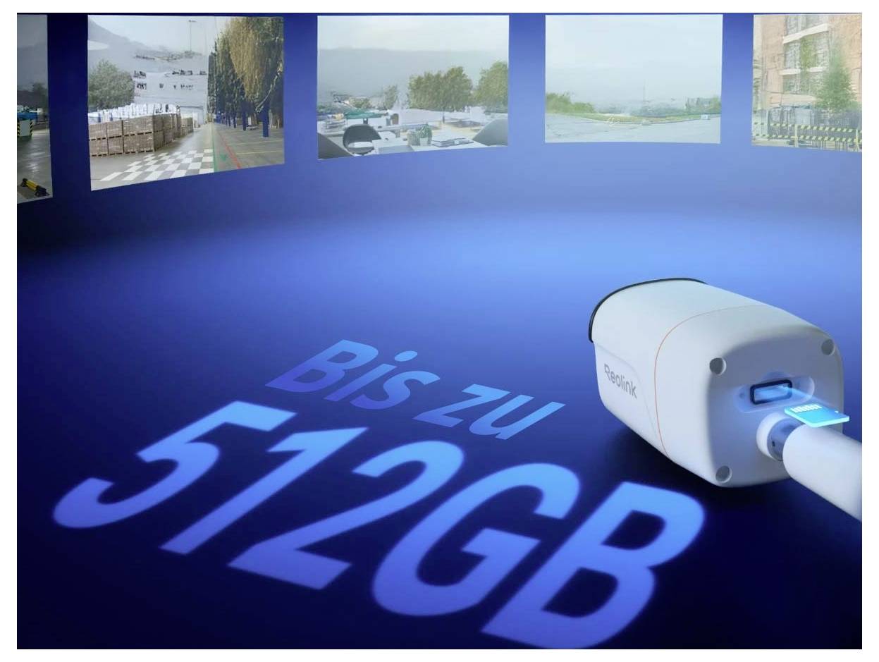 Kamera se zvýrazněnou informací o úložišti na projekční ploše: "Až 512 GB". V pozadí různé sledovací záběry.