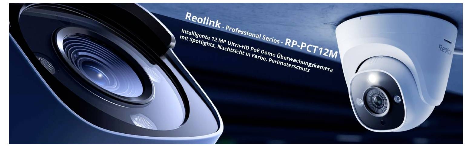 Koláž dvou venkovních bezpečnostních kamer značky Reolink, model RP-PCT12M, s 12 MP UltraHD rozlišením, napájením přes Ethernet (PoE), barevným nočním viděním pro venkovní použití.