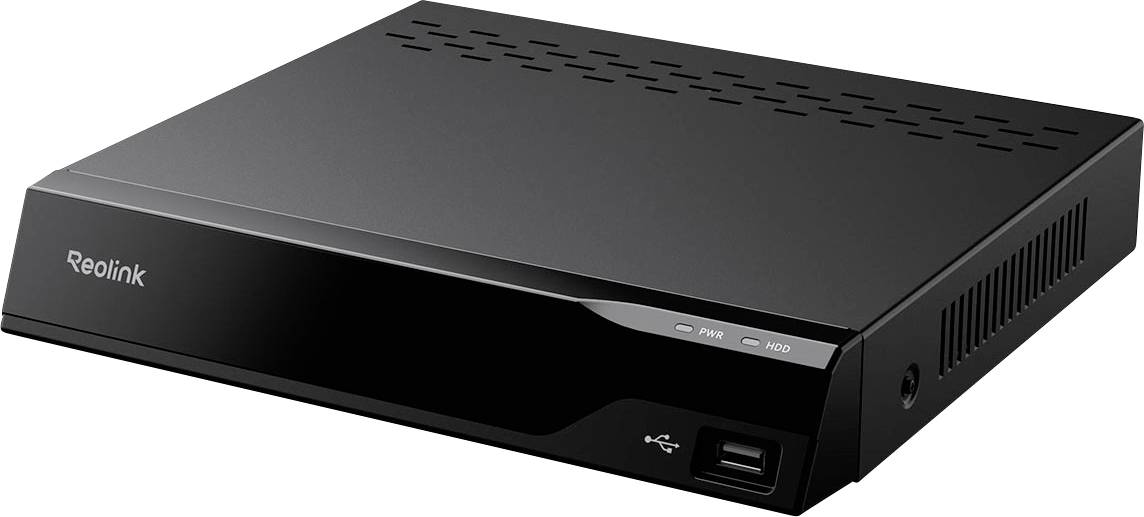 Černý síťový videorekordér Reolink pro bezpečnostní kamery s USB portem a indikačními světly, určený pro správu a ukládání videonahrávek.