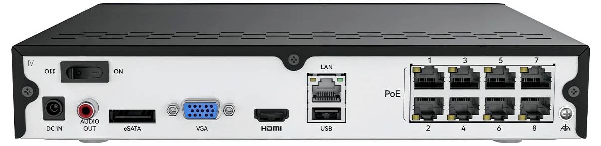 Zadní panel síťového videorekordéru s porty: napájení, audio výstup, eSATA, VGA, HDMI, LAN, USB a osm PoE ethernetových RJ45 portů.