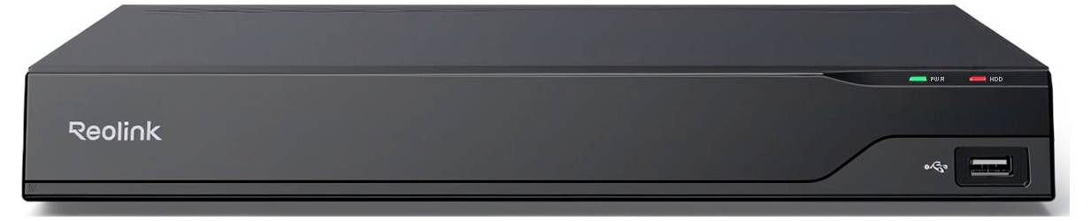 Černý Reolink NVR (síťový videorekordér) s předním USB portem, indikátory napájení a logem značky na levé straně.