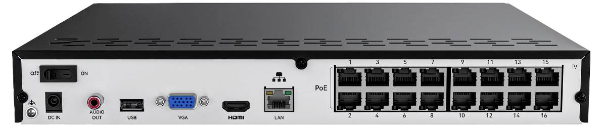 Obrázek zobrazuje zadní panel síťového přepínače s různými porty, včetně VGA, HDMI, LAN, PoE, USB a napájecího spínače.