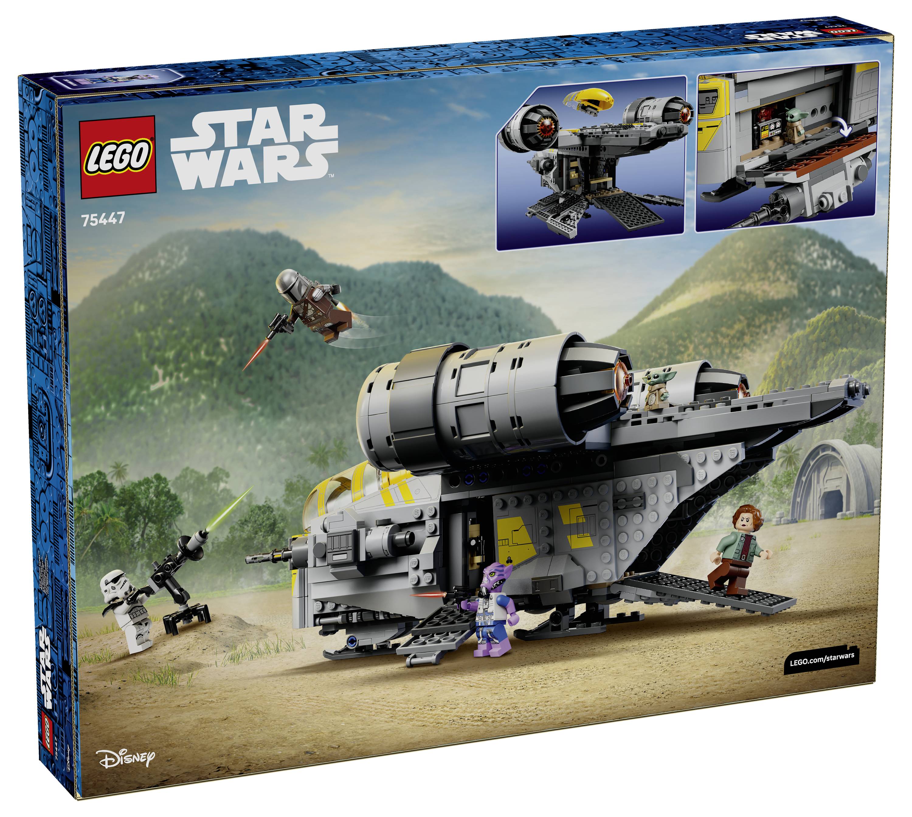 LEGO sada v krabici zobrazující hvězdnou loď ze Star Wars s postavami a pouštní pozadím. Obsahuje malé vložené obrázky herních vlastností.