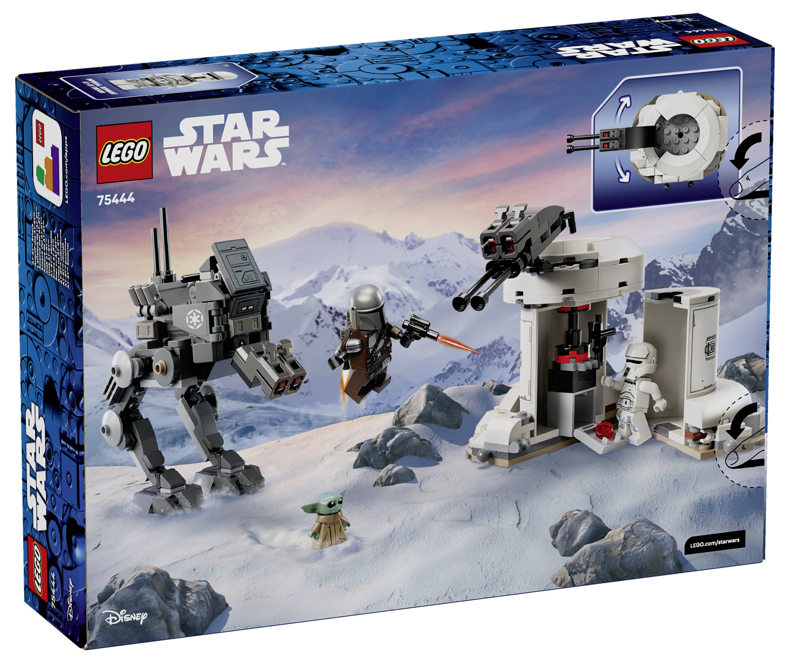 LEGO Star Wars sada zobrazující AT-ST Walker, figurku Mandaloriana a krajinu se sněhem. Krabice obsahuje značku a číslo sady 75322.