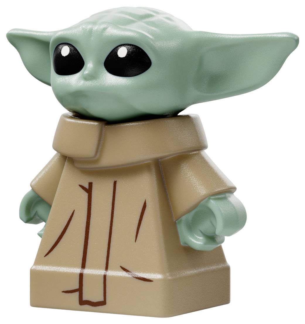 Malá figurka LEGO připomínající zelené stvoření s velkými ušima a černýma očima, oblečené v béžový plášť. Připomíná postavu ze sci-fi série.