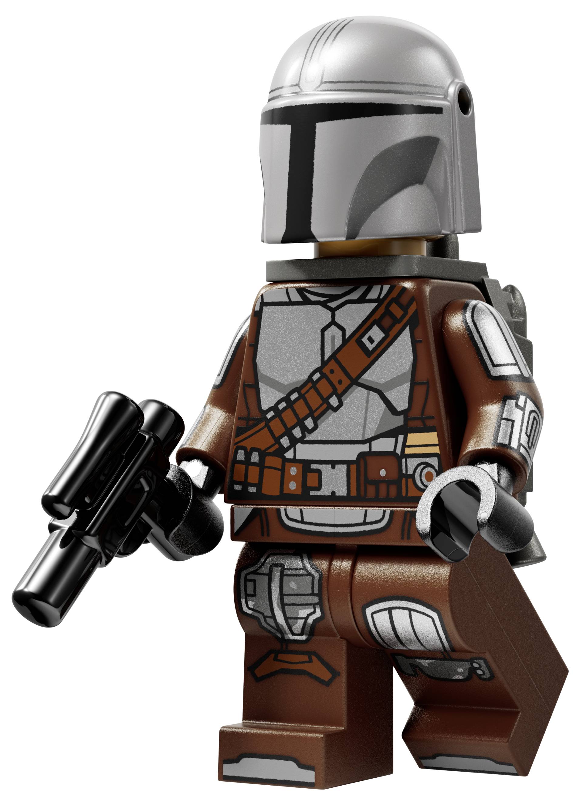 Postava LEGO připomínající sci-fi postavu, oblečená v stříbrné helmě a hnědé zbrojí, drží černý hračkový laserový pistol a stojí vzpřímeně.