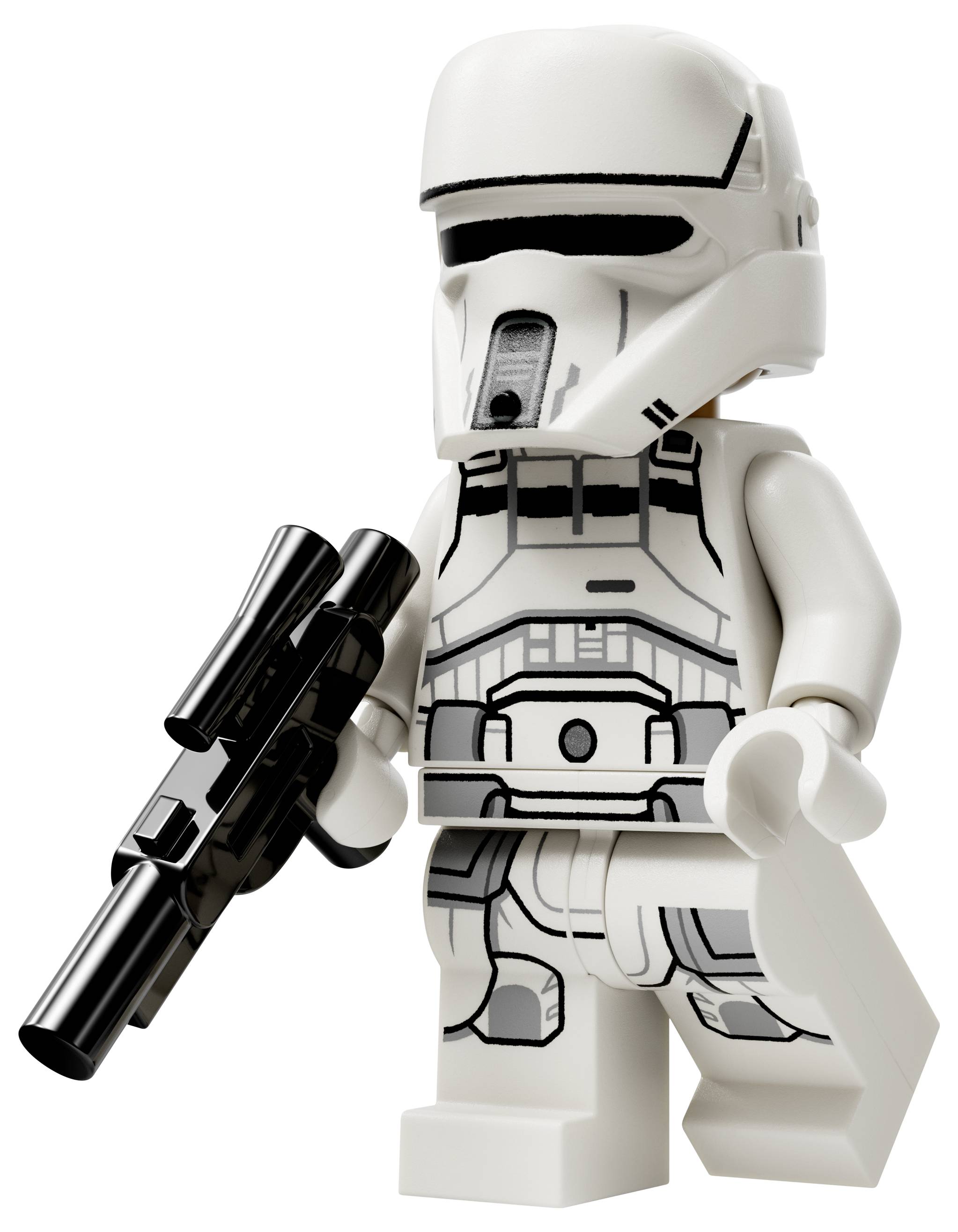 Figurka LEGO podobající se futuristickému vojákovi v bílém brnění, držícímu černou zbraň, stojící v neutrální pozici.