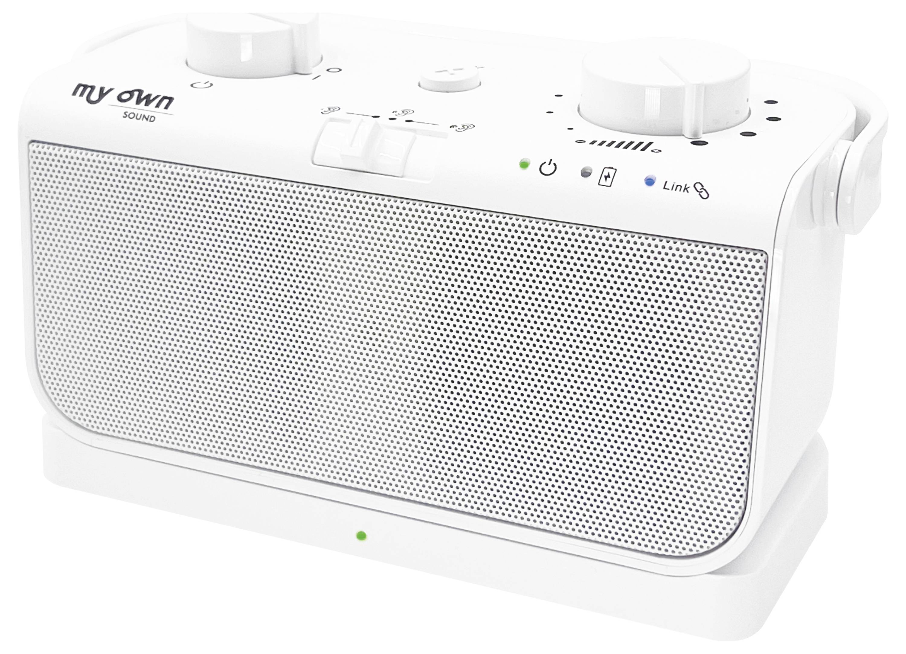 Přenosný bílý reproduktor s ovládacími knoflíky hlasitosti a možnostmi připojení, včetně Bluetooth a aux vstupu, označený „my own SOUND".