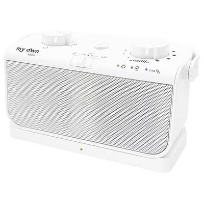 Přenosný bílý reproduktor s ovládacími knoflíky hlasitosti a možnostmi připojení, včetně Bluetooth a aux vstupu, označený „my own SOUND".