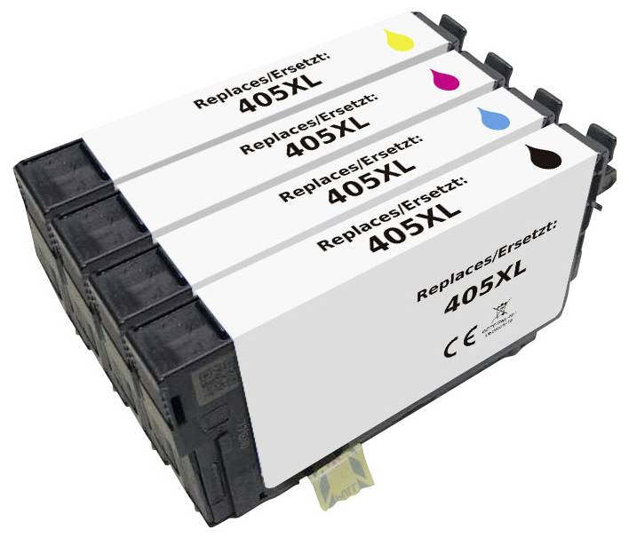 Čtyři náhradní cartridge tiskárny s označením 405XL v černé, azurové, purpurové a žluté barvě, zobrazené naskládané pohromadě.