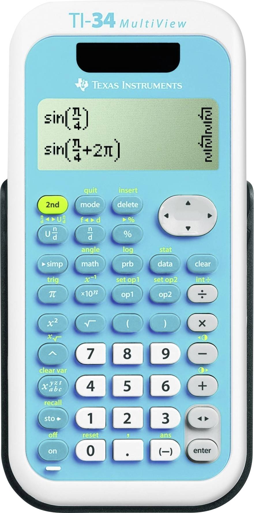Modrý kalkulátor TI-34 MultiView zobrazuje na své obrazovce 'sin(1/4)' a 'sin(π/4+2π)' s různými tlačítky pro matematické operace.
