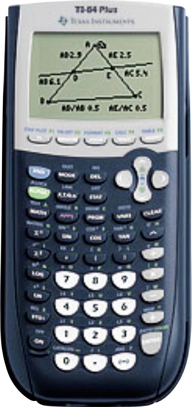 Grafický kalkulátor zobrazující trojúhelník s geometrickými notacemi a výpočty na obrazovce. Zařízení je model TI-84 Plus.