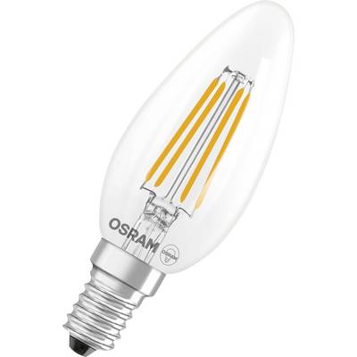 Dekorativní LED žárovka ve tvaru svíčky s viditelným oranžovým vláknem, označená nápisem "OSRAM" na stříbrné základně.