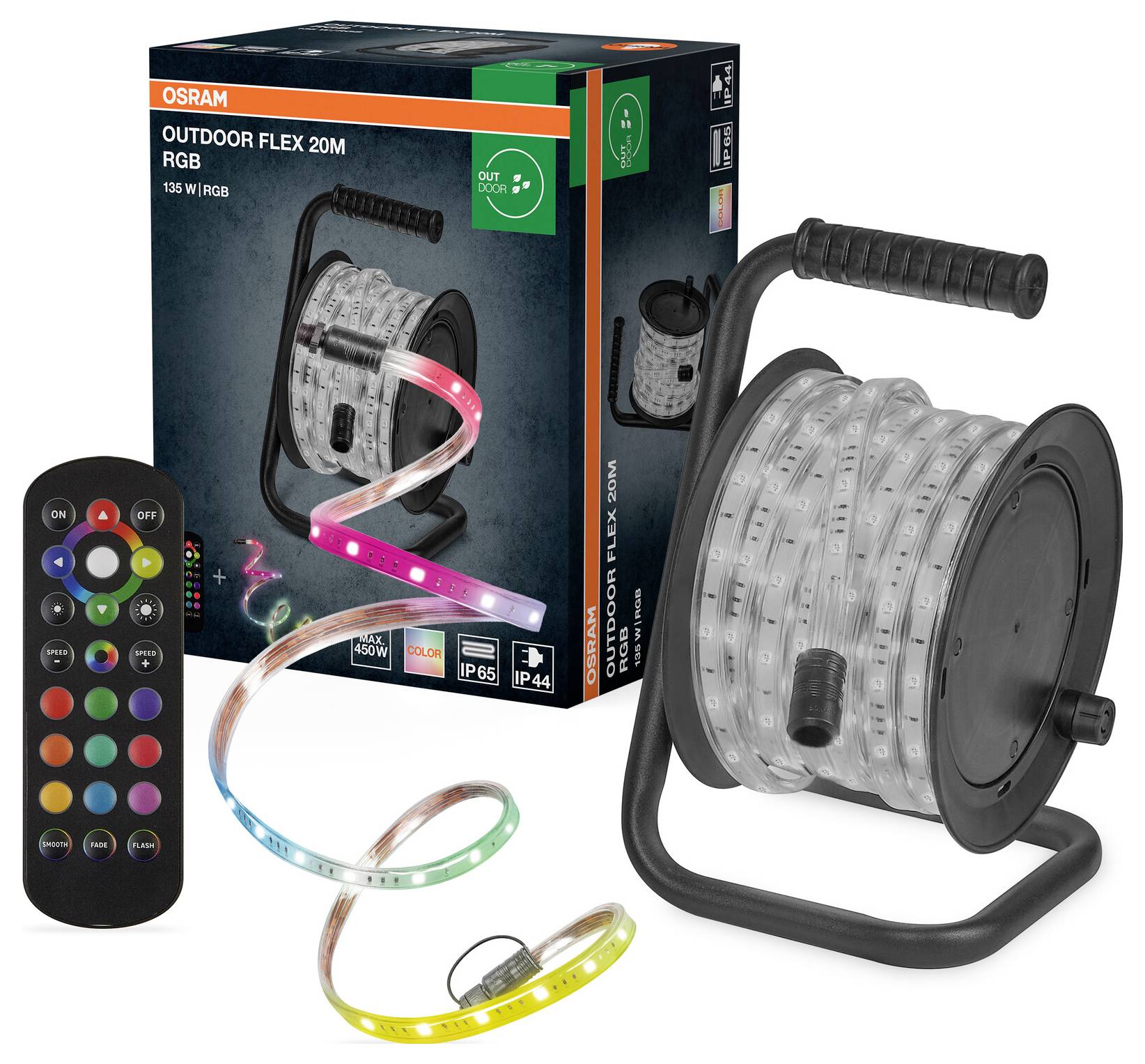 LED světelný pás OSRAM Outdoor Flex 20M RGB s dálkovým ovládáním, který předvádí schopnost měnit barvy, umístěný před produktovým obalem.
