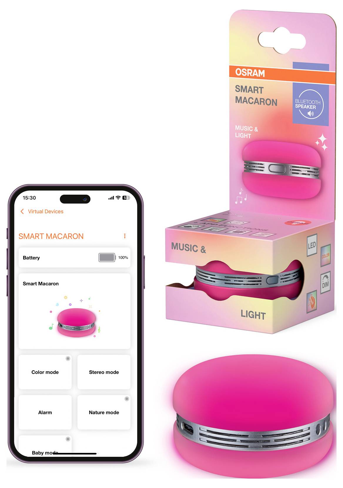 Chytrý reproduktor Macaron v růžové barvě, zobrazený vedle svého obalu. Obrazovka smartphonu ukazuje rozhraní 'Smart Macaron' s možnostmi jako barva a stereo režim.
