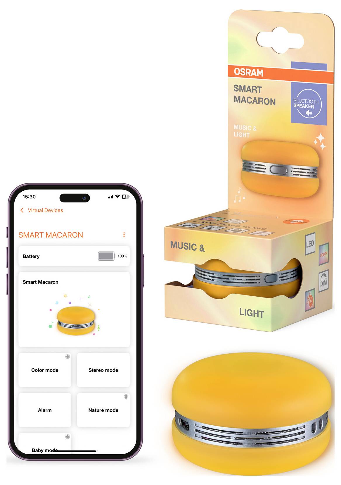 'OSRAM Smart Macaron' LED světelné zařízení zobrazené vedle svého obalu. Rozhraní mobilní aplikace zobrazuje ovládací možnosti, jako jsou barva a stereo režim.