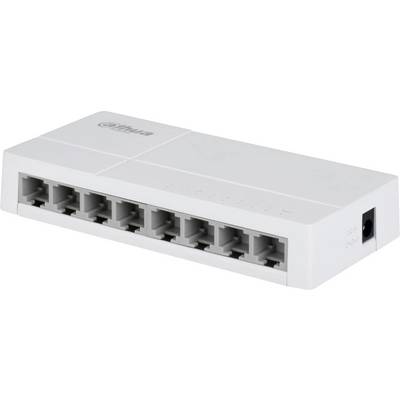 Osmportový síťový switch s bílým krytem a logem značky, používaný pro připojení několika zařízení v místní počítačové síti.