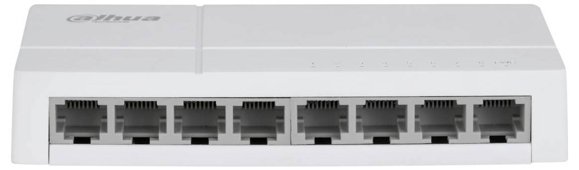 Bílý síťový switch s osmi ethernetovými porty, navržený pro připojení několika zařízení v domácí nebo kancelářské síti.