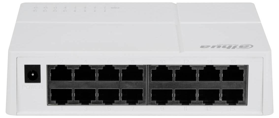 Kompaktní bílý síťový přepínač se šestnácti ethernetovými porty a napájecím vstupem.