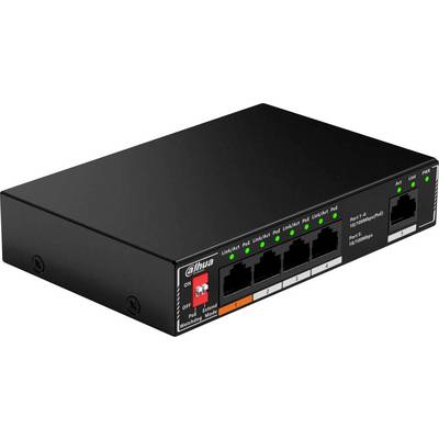 Černý síťový switch se čtyřmi ethernetovými porty, LED indikátory aktivity a vypínačem napájení; na straně označený štítkem "Dahua".