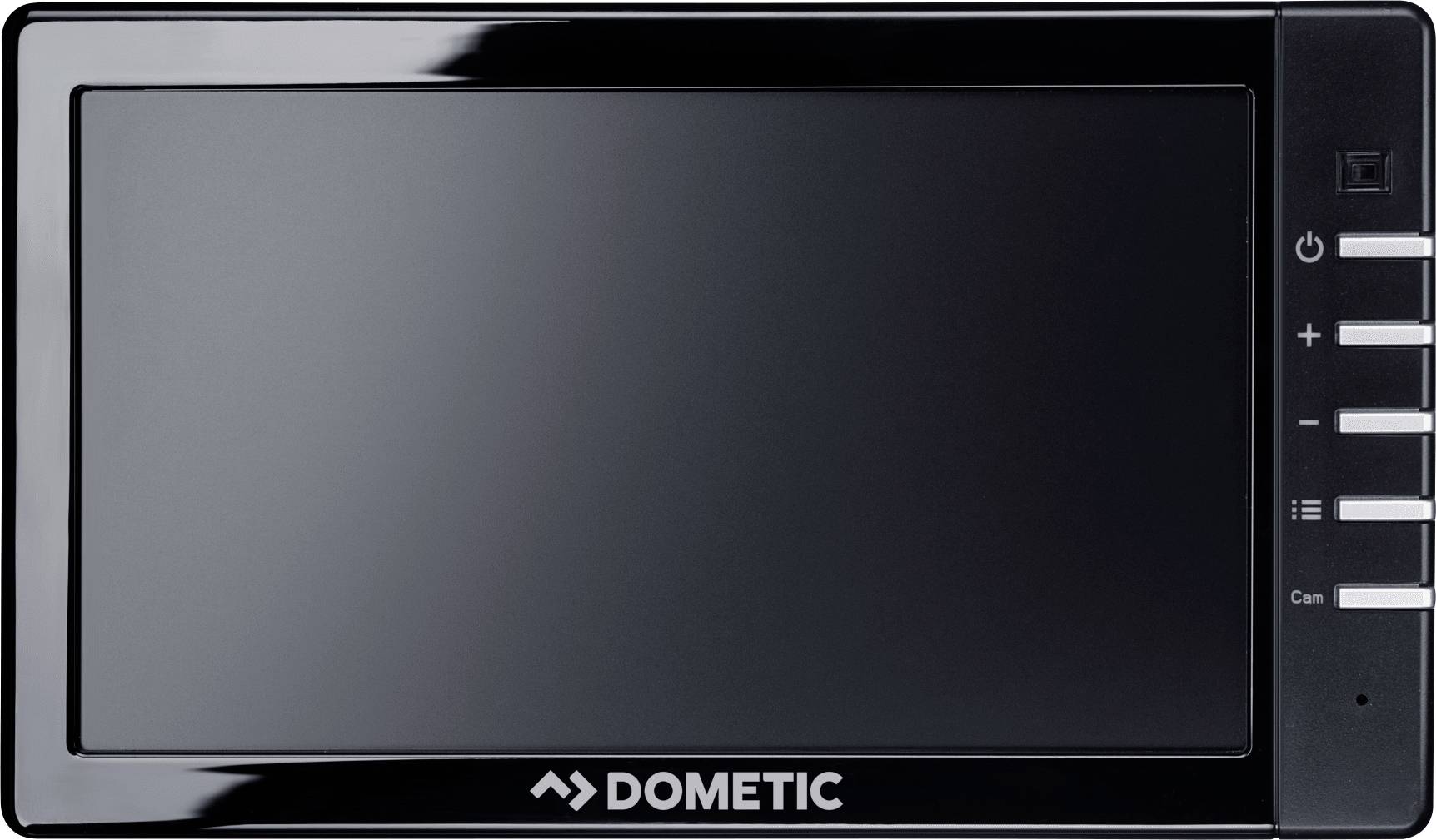Černá elektronická displej s ovládacími tlačítky na pravé straně, označený nápisem „Dometic" ve spodní prostřední části.