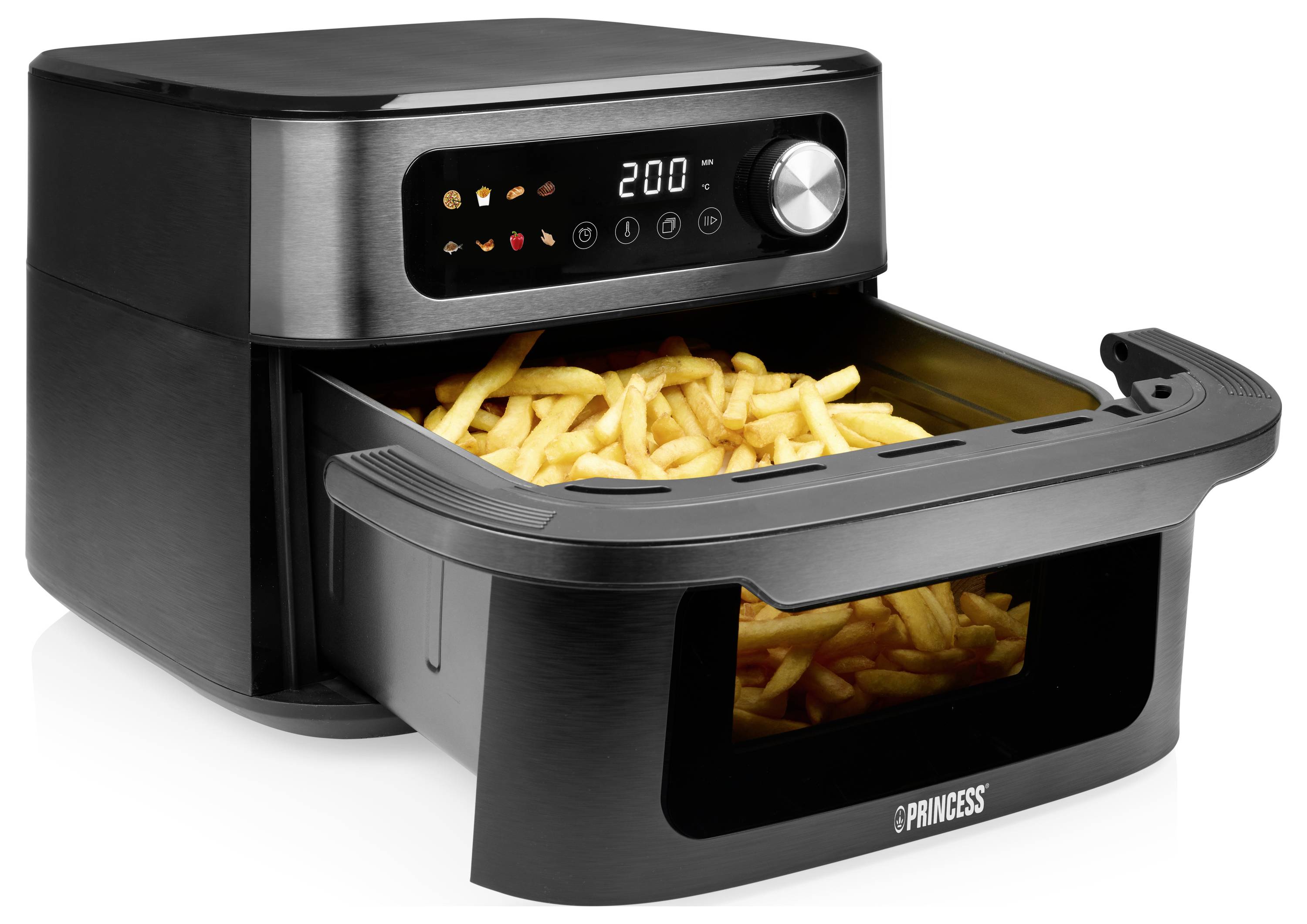 Horkovzdušná fritéza s digitálním ovládáním zobrazujícím 200°C, naplněná zlatavými francouzskými hranolky, připravená k vaření.