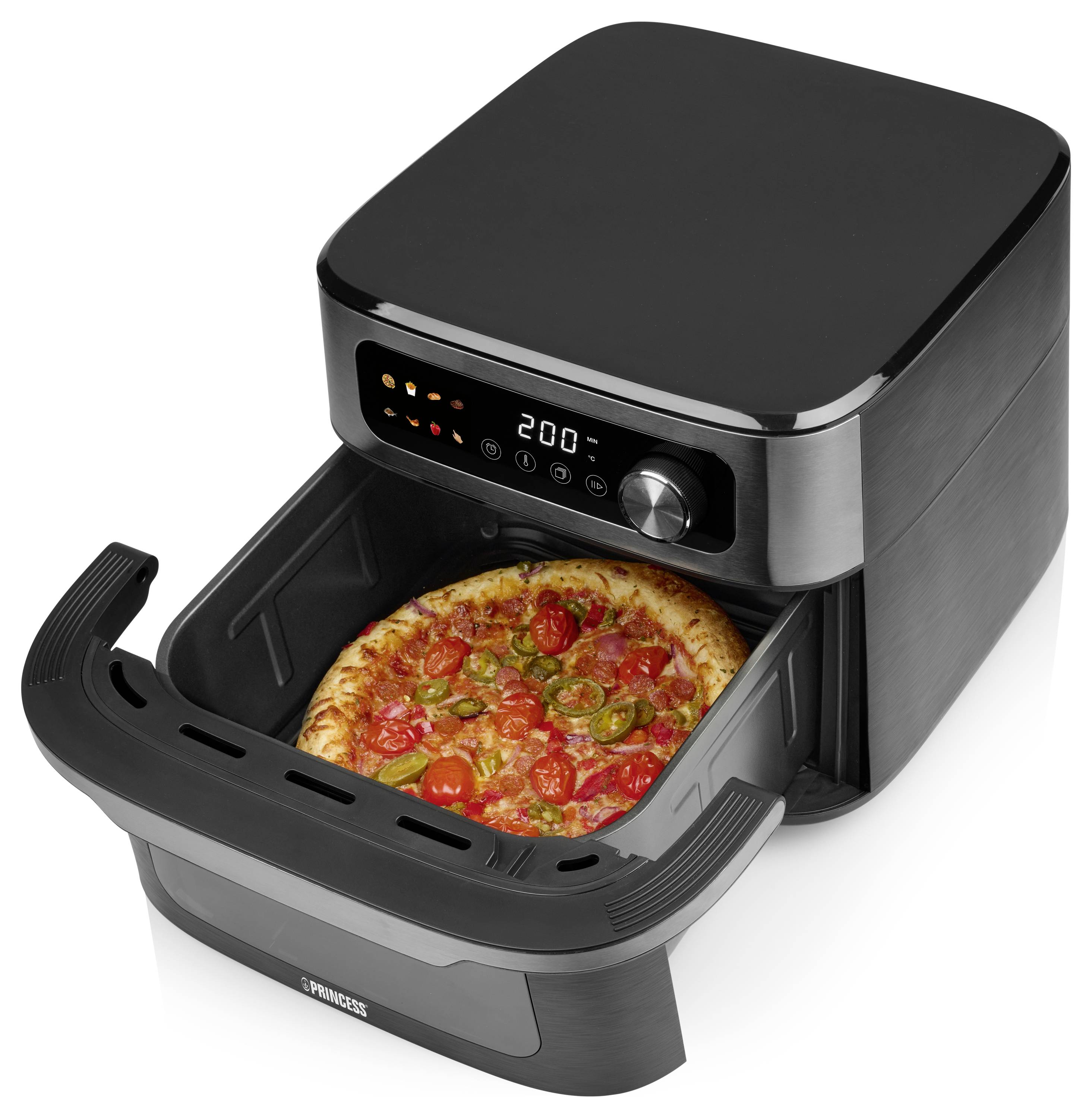 Horkovzdušná fritéza s digitálním displejem zobrazuje '200°C' při pečení pizzy s rajčaty a jalapeños.