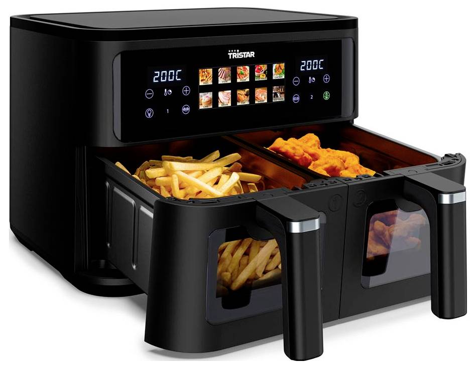 Dvoukomorová horkovzdušná fritéza s hranolkami a kuřecími nugety, na jejíchž digitálních displejích je zobrazeno 200°C.