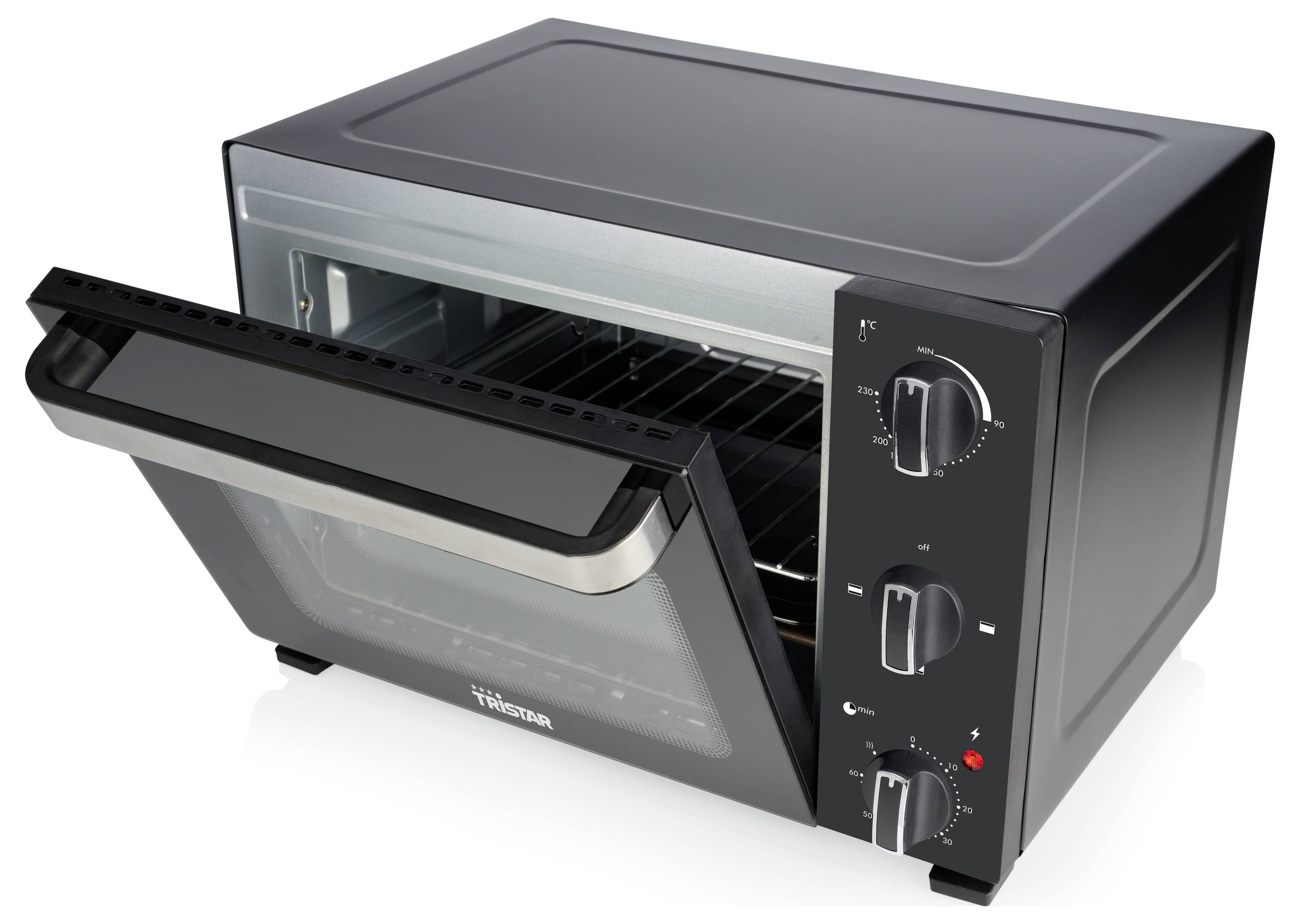 Černá stolní toaster trouba s otevřenými dveřmi, která ukazuje mřížky uvnitř. Na pravé straně se nacházejí ovládací knoflíky pro teplotu a časovač.