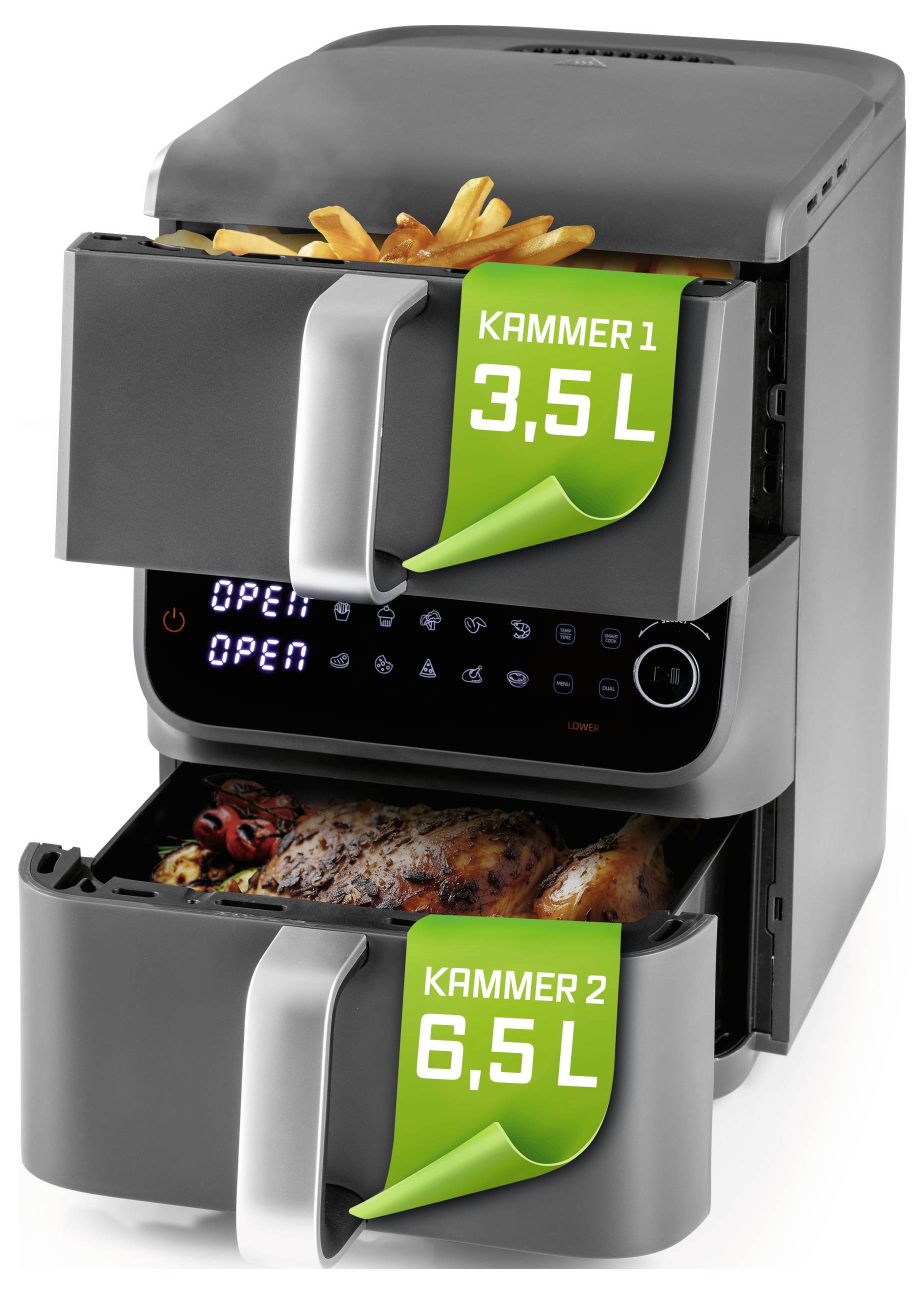 Dvoukomorová horkovzdušná fritéza s digitálním ovládáním a dvěma odděleními označenými '3,5 L' pro smažené pokrmy a '6,5 L' pro pečené kuře.