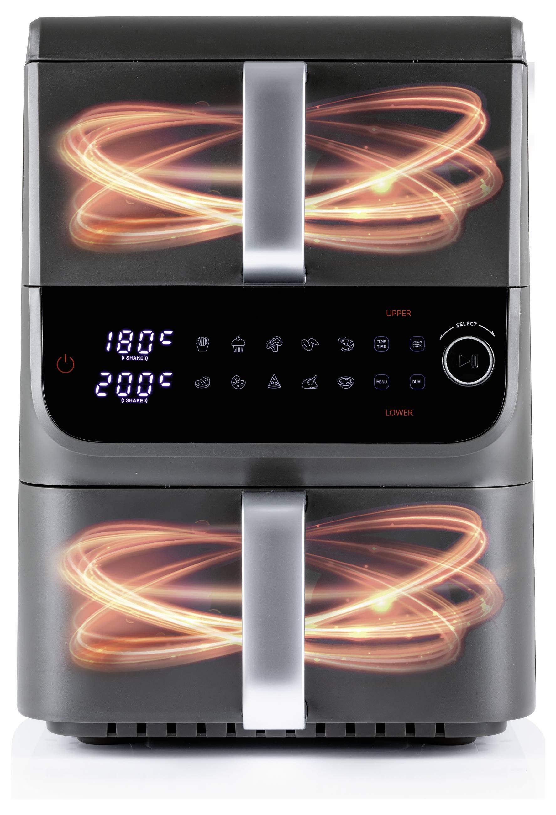 Dvoukomorová horkovzdušná fritéza s digitálním displejem. Horní teplota je 180°C, dolní 200°C. Oranžová spirálová grafika naznačuje proudění vzduchu.
