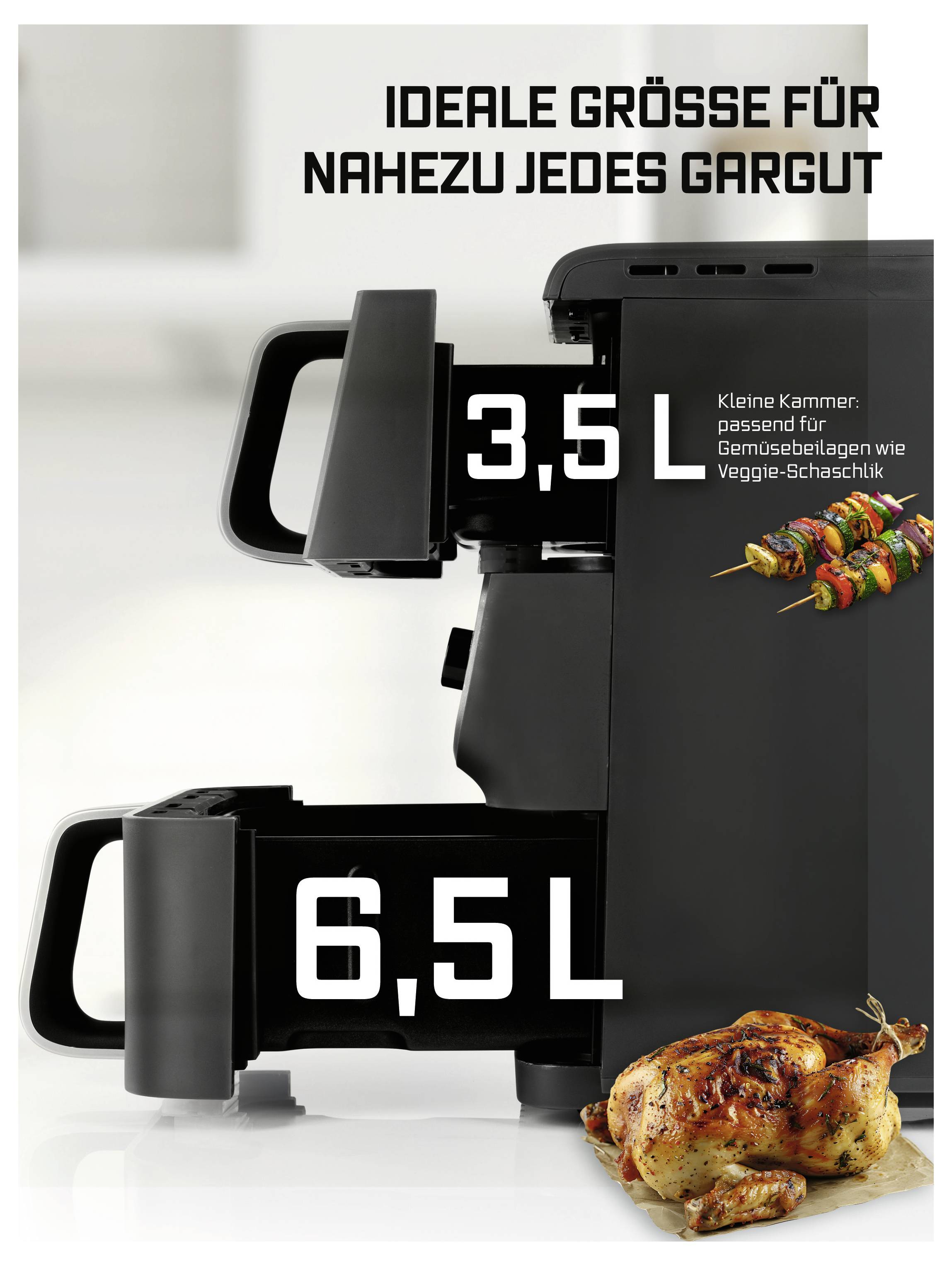 Černá fritéza se vzduchem se dvěma oddíly je zde zobrazena. Horní oddíl je označen jako „3,5 L" a spodní „6,5 L", poblíž je pečené kuře.