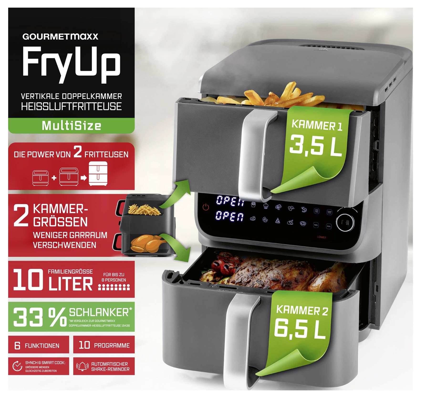 Vertikální horkovzdušná fritéza se dvěma komorami: 3,5 L a 6,5 L. Energeticky úsporná, vhodná pro rodiny, 10 programů, kompaktní design.